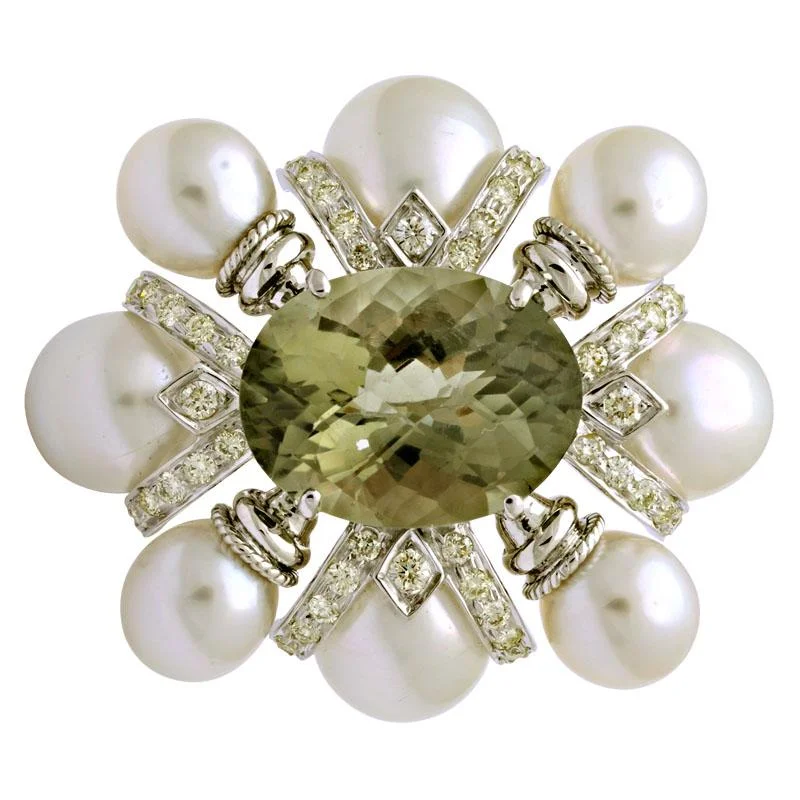 ladies silver brooch coral stones -Brooch-Green Quartz, South Sea Pearl and Diamond  (132CS)