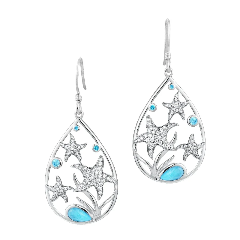 ladies silver earrings sapphire stones -Sterling Silver Alamea Larimar Blue Topaz Starfish Dangle Earrings