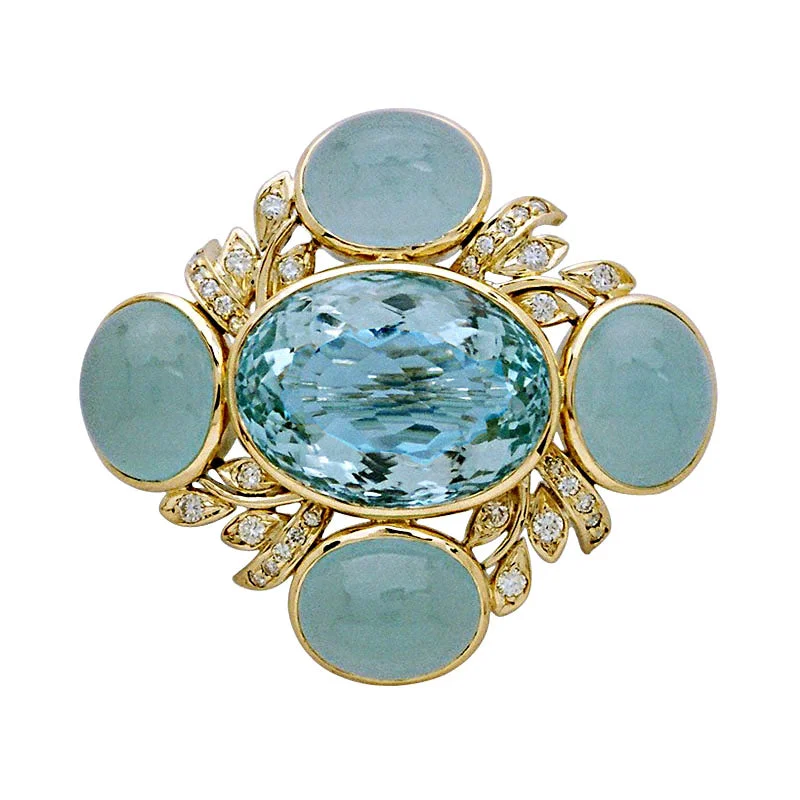 ladies rose gold brooch swirl design -Brooch-Aquamarine and Diamond