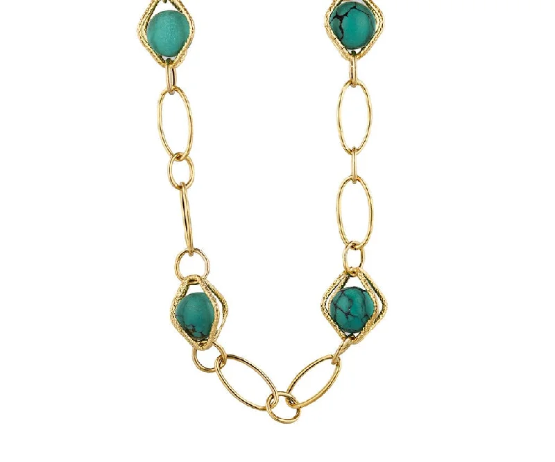 Forest green necklaces -Turquoise Cabochon Beads Station Link Necklace in 14K