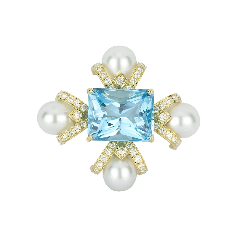 ladies gold brooch sun designs -Brooch - Blue Topaz, Pearl And Diamond