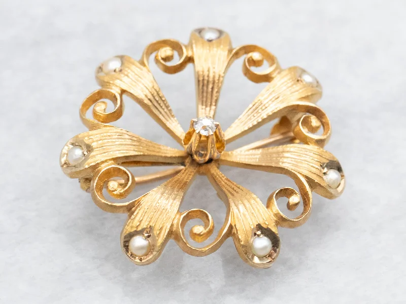 triple gem brooch for women -Victorian Old Mine Cut Diamond and Seed Pearl Brooch