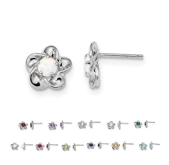 ladies white gold earrings pearls -Sterling Silver 15mm Flower Birthstone Stud Post Earrings