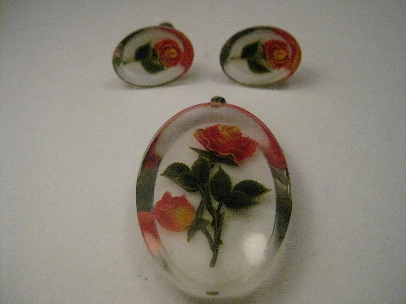 ladies silver earrings ruby stones -Vintage Lucite Reverse Painted Rose Pendant & Matching Screw Back Earrings, Mid-Century