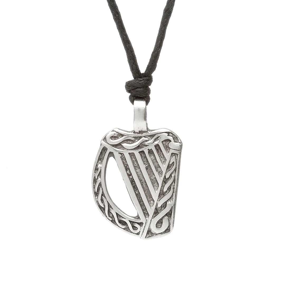 Eye-catching bold necklaces -Celtic Harp Pewter Necklace by Celtic Legends / Amethyst Irish Jewellery