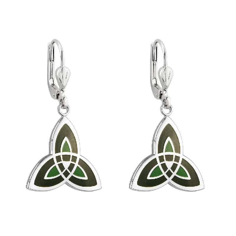 ladies gold earrings intricate patterns -Rhodium Green Enamel Trinity Knot Earrings