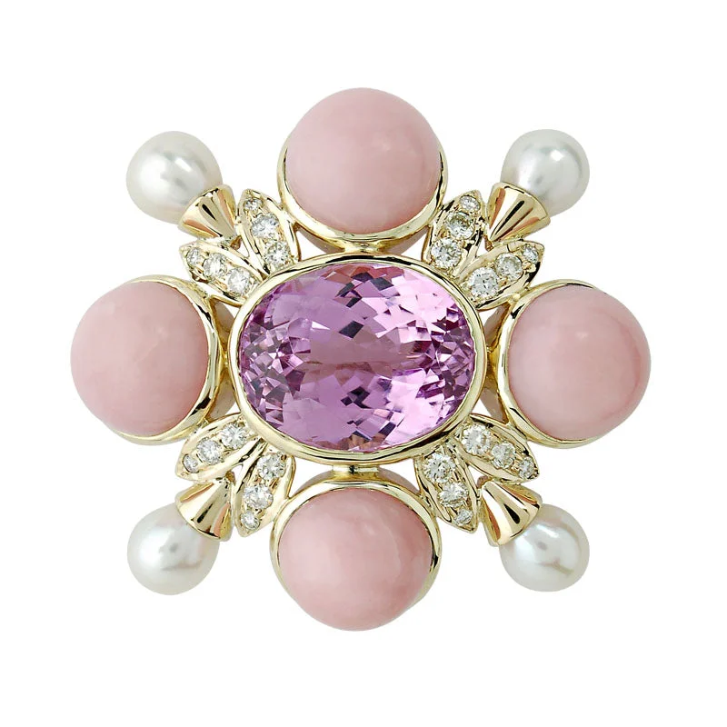 ladies silver brooch citrine stones -Brooch-Kunzite, Pink Opal, Pearl and Diamond