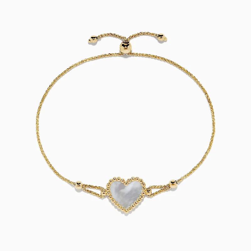 Ladies zirconia dazzle bracelets -14K Yellow Gold Mother of Pearl Heart Bolo Bracelet