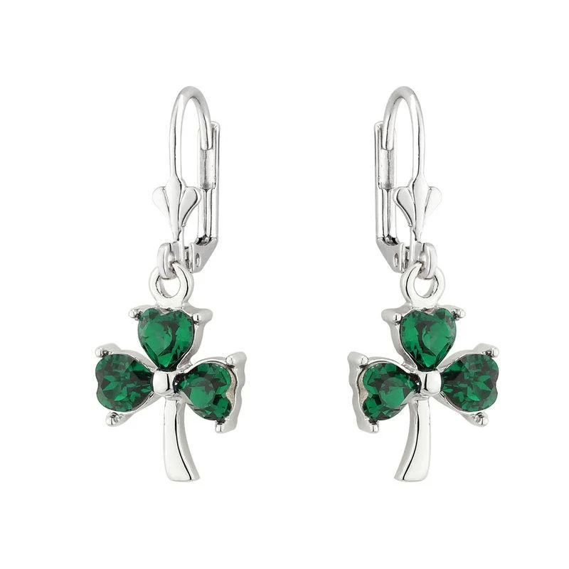 gold leaf design earrings for women -Rhodium Crystal Shamrock Drop Earrings