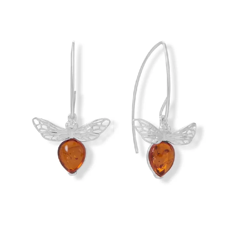 bar drop earrings for women -Sterling Silver Amber Honey Bee Drop Wire Earrings