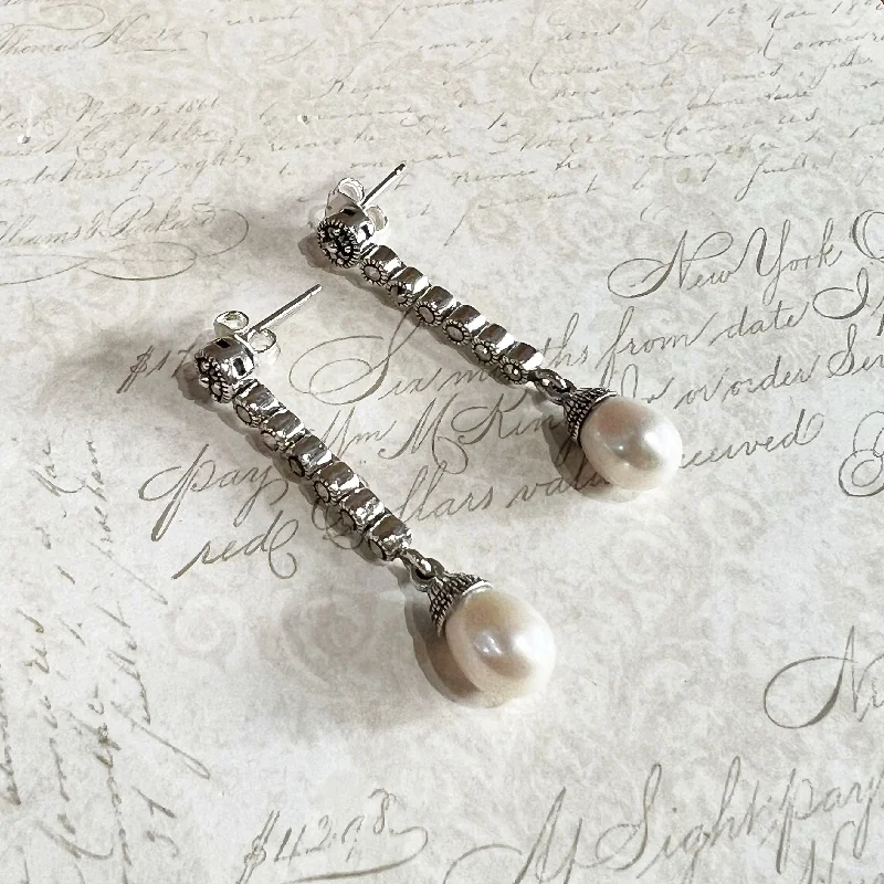 ladies chunky earrings statement style -Art Deco Earrings Freshwater Pearl Vintage Bride Wedding Silver Marcasite