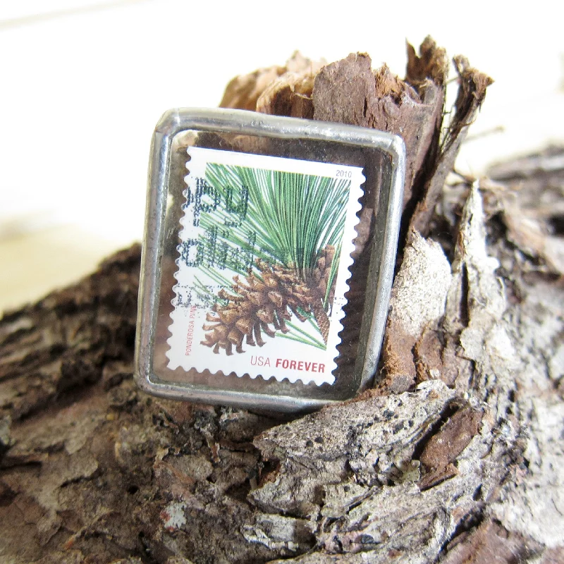 polished gold brooch for women -Pine Cone Brooch Soldered Glass Postage Stamp Pin