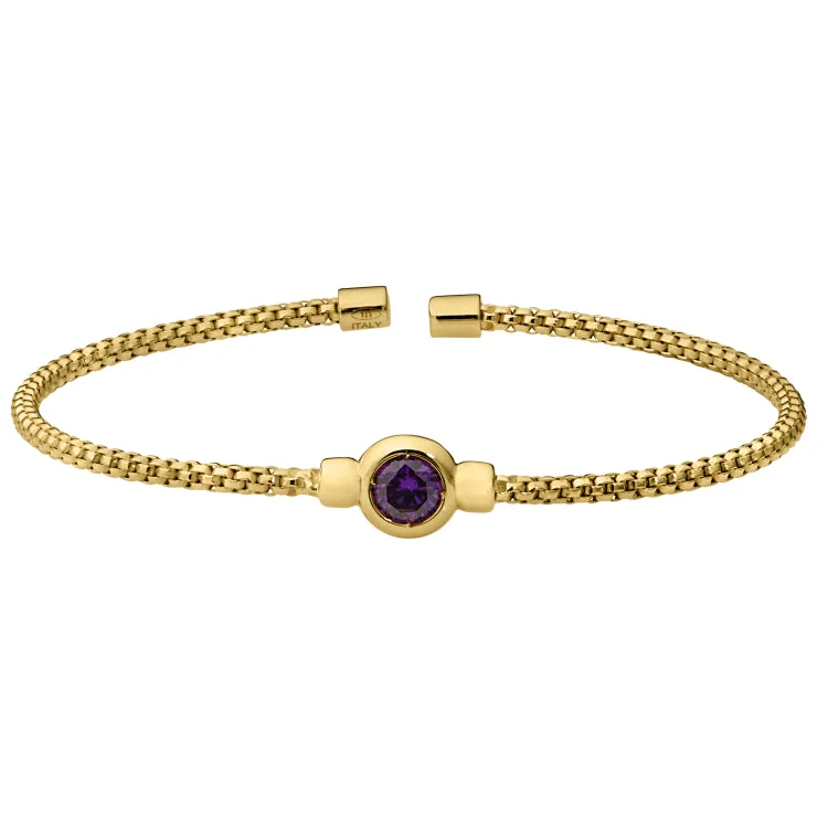 Ladies coastal drift bracelets -Gold Finish Sterling Silver Rounded Box Link Cuff Bracelet with Bezel Set Simulated Amethyst Birth Gem