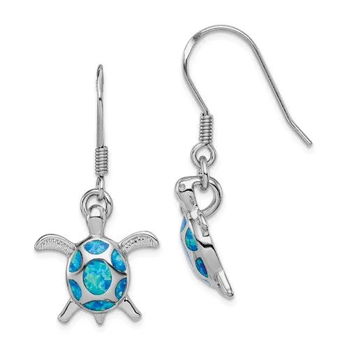 ladies rose gold earrings round stones -Sterling Silver Created Blue Opal Turtle Dangle Earrings