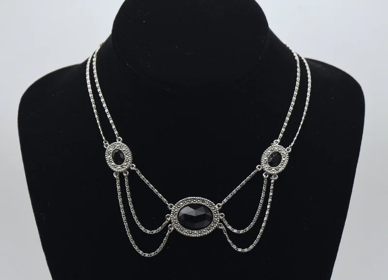 Inspiring shine necklaces -Silver Tone Metal Imitation Black Onyx and Marcasite Chain Necklace - 16"