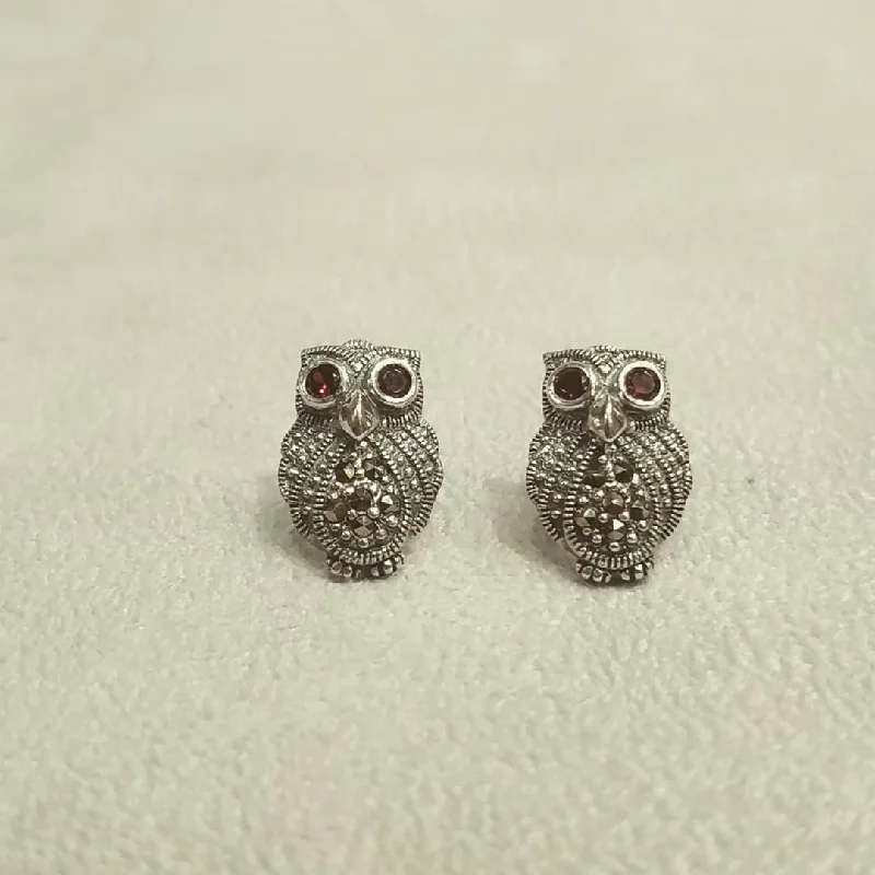 simple silver earrings for women -Silver Marcasite Garnet Owl Studs Earrings