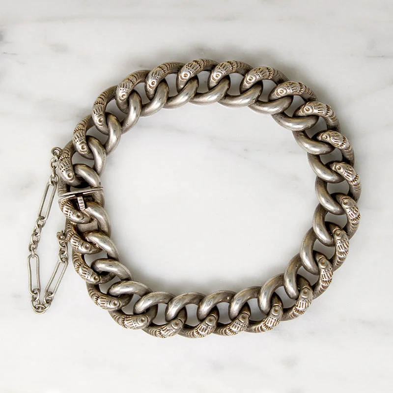 Ladies solid weight bracelets -Antique Engraved Silver Curb Link Bracelet