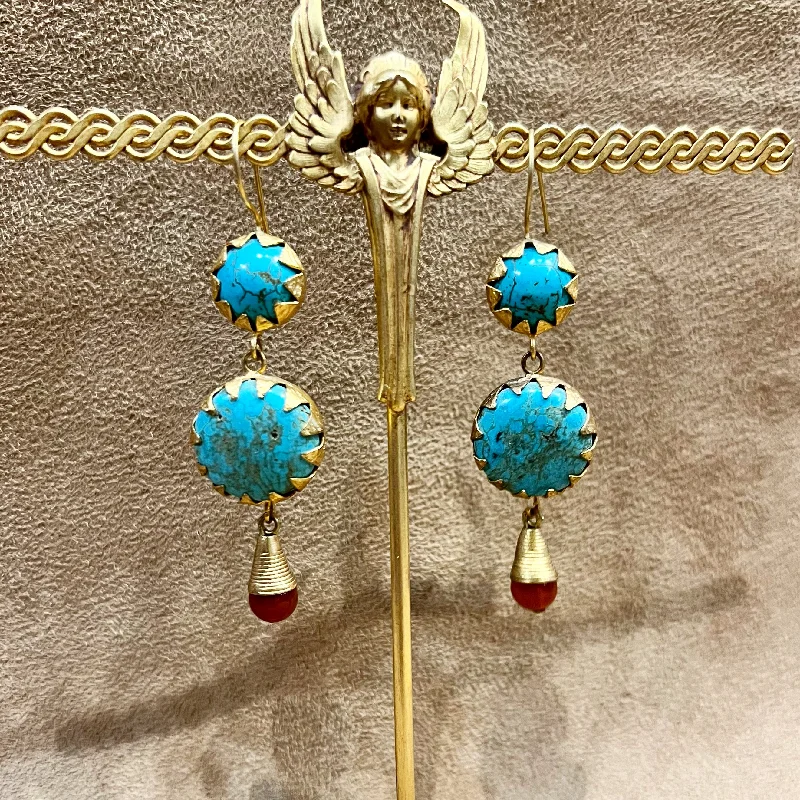 dotted pattern earrings for women -Etruscan style turquoise and carnelian gold drop earrings