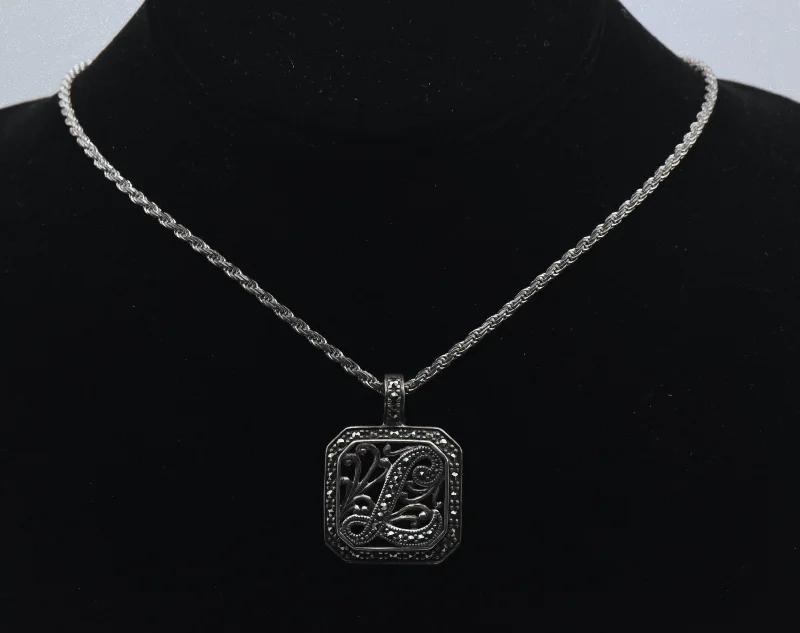 Spiritual calm necklaces -Vintage Sterling Silver "L" Monogram Marcasite Pendant Chain Necklace - 24"