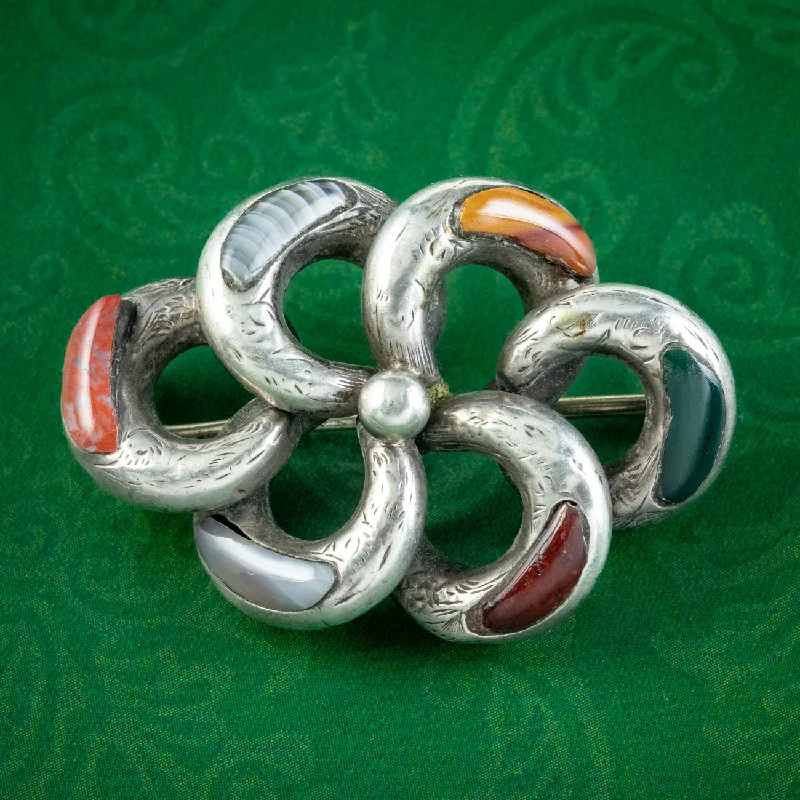 simple silver brooch for women -Antique Victorian Scottish Silver Agate Brooch