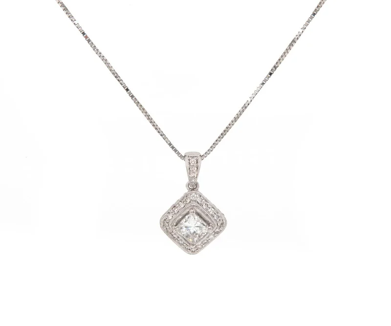 Barely-there necklaces -1.21ctw Princess and Round Diamond Frame Pendant Necklace in 14K