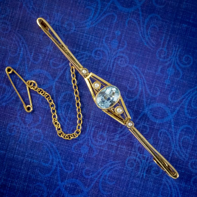 ladies gold brooch peacock motifs -Art Deco Aquamarine Pearl Bar Brooch 15ct Gold Circa 1920