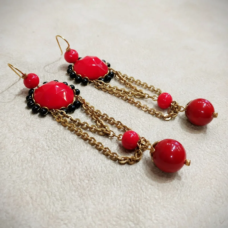 elegant drop earrings for women gifts -Askew London Clip on Chandleier Earrings Gold Red Statement Unsigned