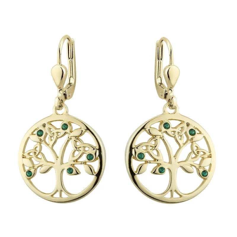 ladies rose gold earrings swirl design -Gold Plated Crystal Tree Of Life Drop Earrings